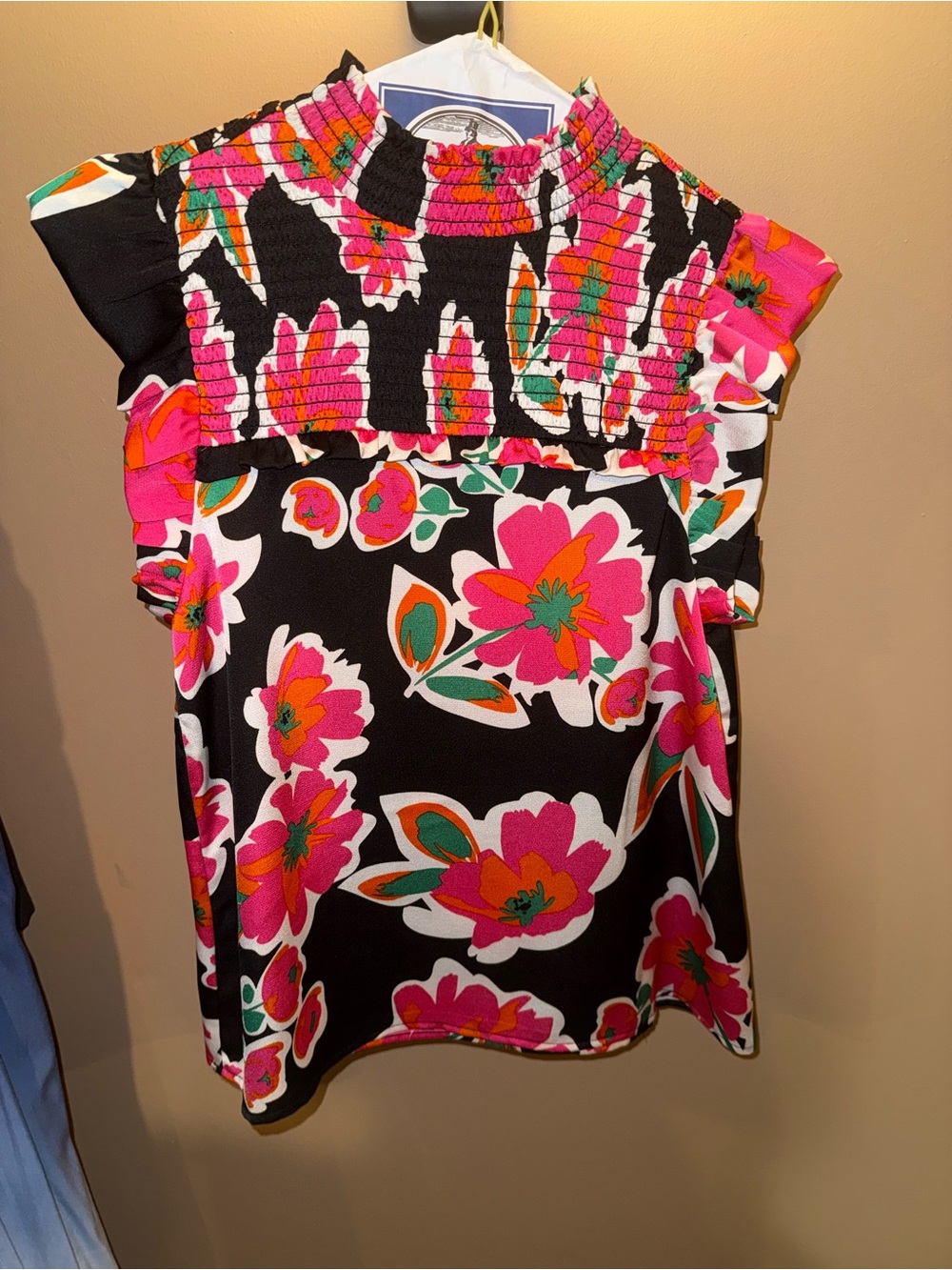 THML Black Floral Smocked Neck Blouse with Pink, Green & Orange Accents